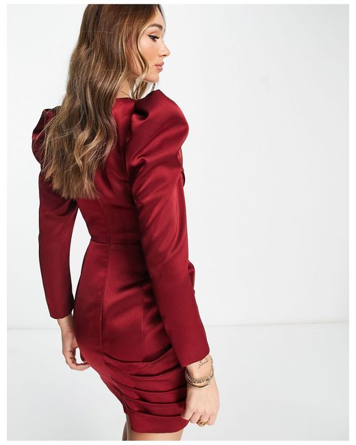 Robe courte en satin contrecollé à manches bouffantes - bordeaux Lavish Alice en coloris Red