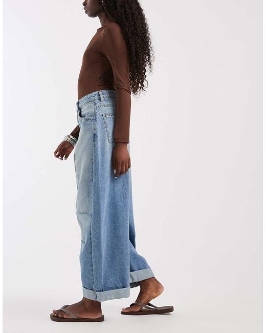ASOS Knee Pleat Roll Up Hem Barrel Jeans-blue
