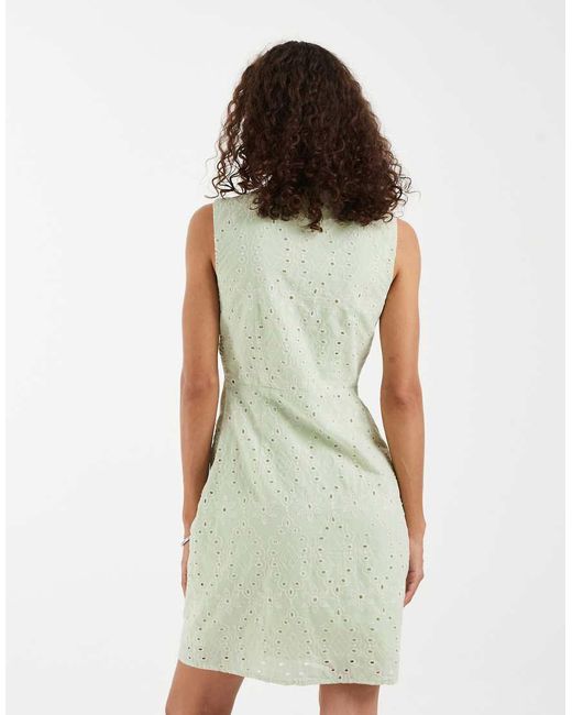 Vero Moda Green Cotton Broderie V Neck Mini Dress