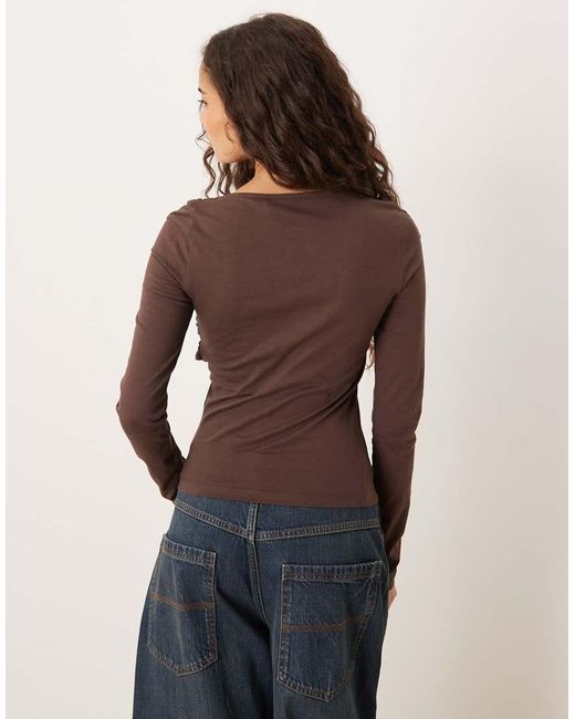 ASOS Brown Circular Design Collection Twist Neck Detail Long Sleeve Tee