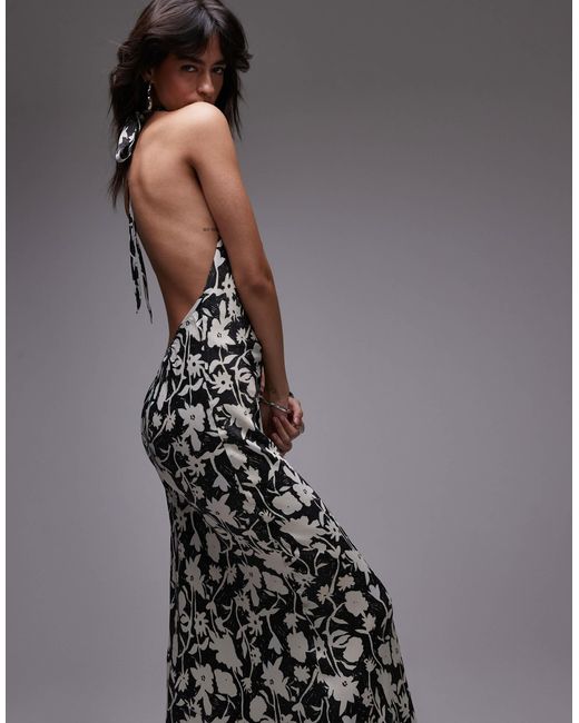 Robe longue en satin à col montant bénitier et dos nu - imprimé fleurs TOPSHOP en coloris Gray