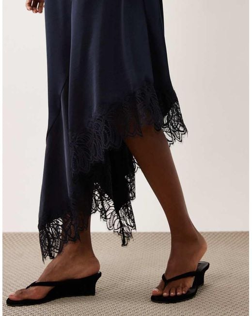 Vila Blue Asymetric Satin Mini Skirt With Lace Trim