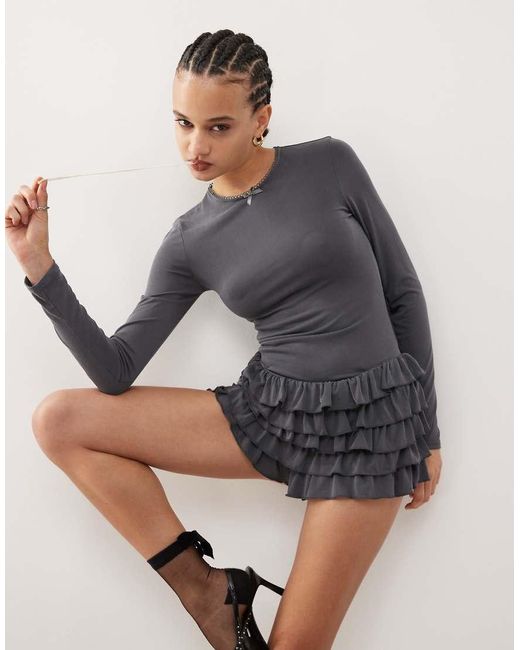 Edikted Gray Lucile Long Sleeve Ruffle Romper