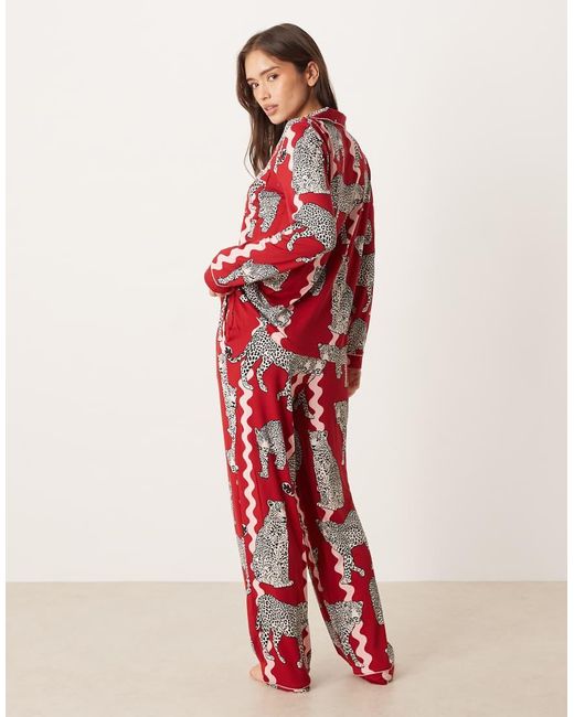 Chelsea Peers Red Poly Long Sleeve Revere Pyjama Set