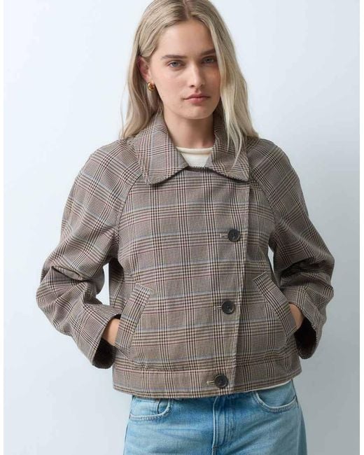 Gap Blue Cropped Checked Trench Coat