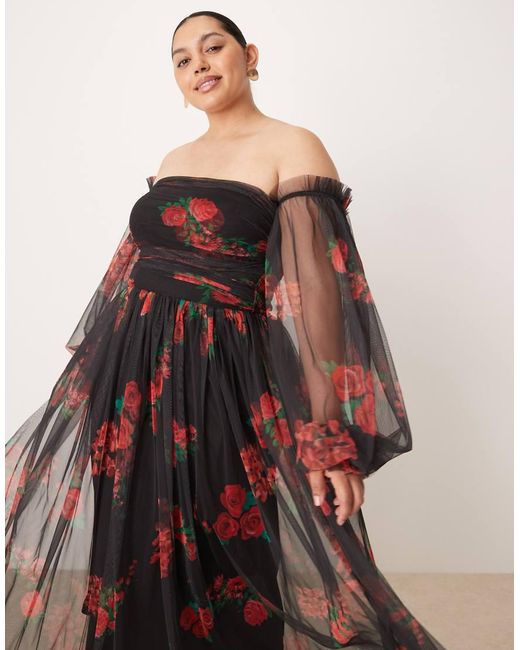 Lace & Beads Plus Multicolor Off Shoulder Balloon Sleeve Tulle Maxi Dress