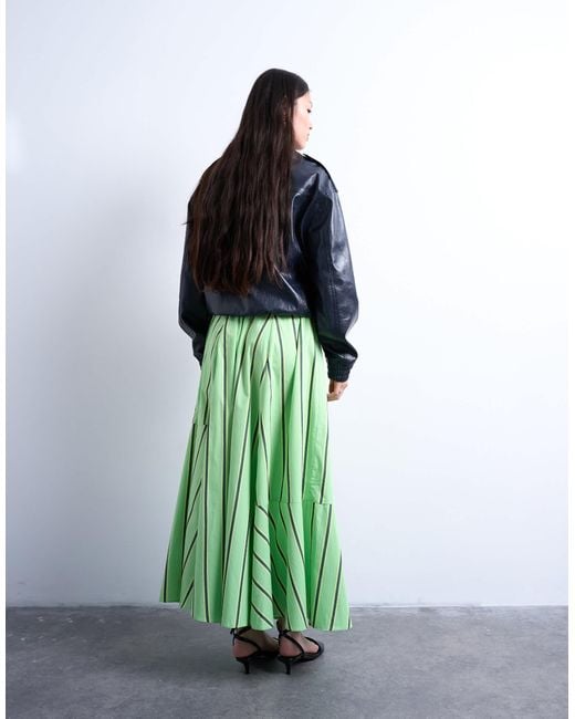 Jupe longue évasée en popeline rayée à taille élastique - vert et jaune TOPSHOP en coloris Green