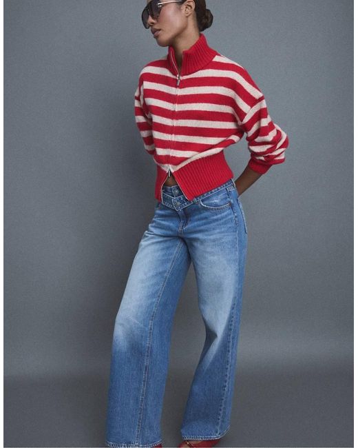 Stradivarius Blue Striped Knit Cardigan With Zip