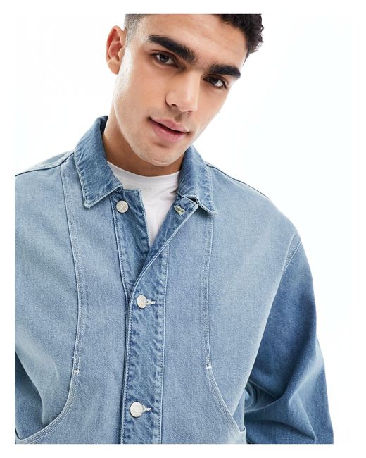 ASOS Blue Classic Fit Denim Jacket With Panelled Detail Front Pockets for men