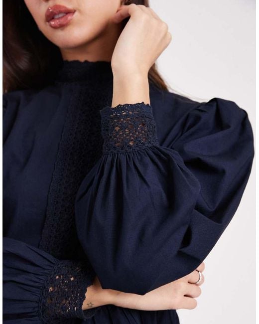 Wednesday's Girl Blue Lace Detailed Long Sleeve Top