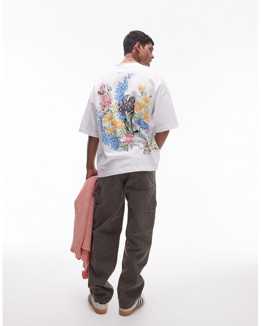 T-shirt premium super oversize bianca con stampa digitale di fiori sul davanti e sul retro di Topman in White da Uomo
