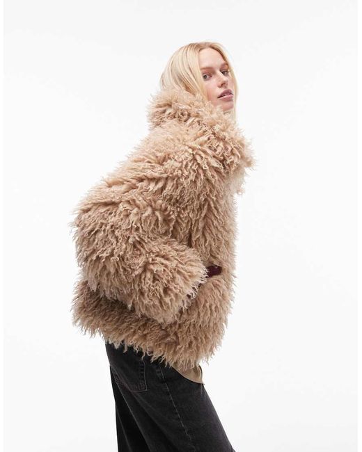 TOPSHOP Natural Faux Mongolian Fur Bomber Jacket