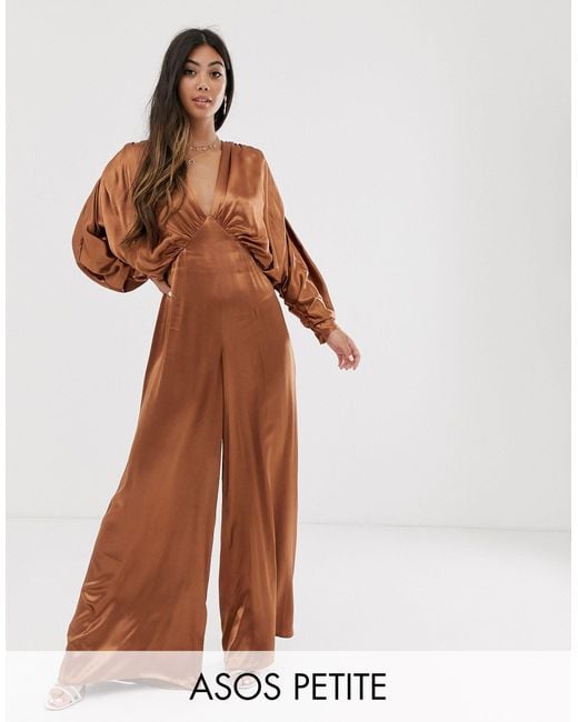 ASOS Brown Petite Ruched Batwing Satin Jumpsuit