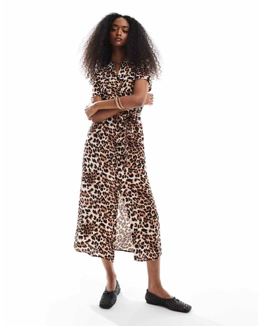 Vero Moda Brown – easy – langes hemdkleid mit leopardenmuster und knopfleiste