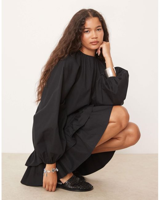 ASOS Black Drop Waist Frill Detail With Lace Trim Mini Dress