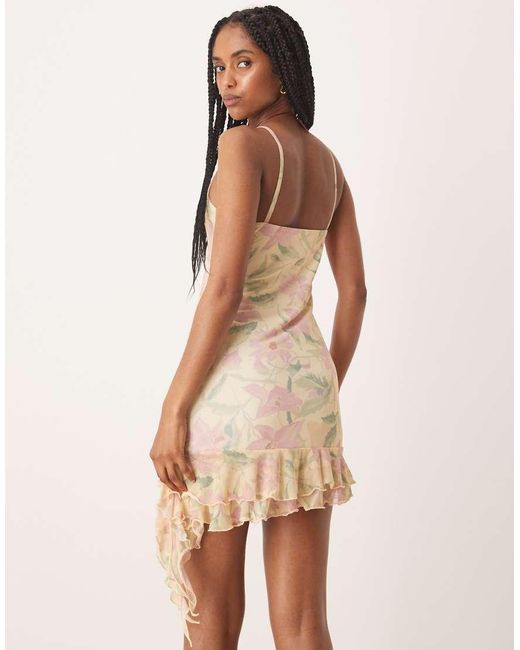 ASOS Natural Mesh Cowl Neck Mini Dress With Ruffle Hem