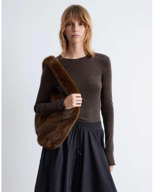 & Other Stories Brown Pure Wool Lettuce Edge Long Sleeve Top With Thumbhole Detail