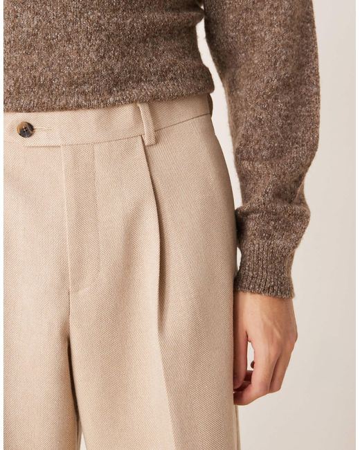 ASOS Natural Smart Wool Mix Wide Leg Trousers With Front Pleat for men