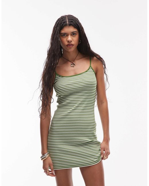 TOPSHOP Green Striped Rib Cami Mini Dress