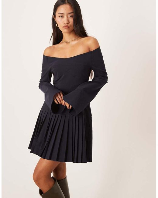 ASOS Blue Long Sleeve Pleated Skirt Mini Dress
