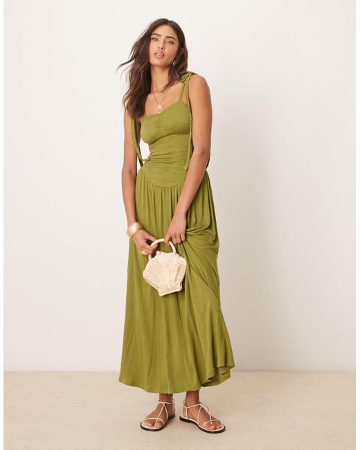 ASOS Green Crinkle Shirred Bodice Tie Cami Strap Midi Sundress
