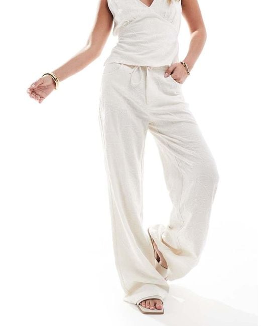 Stradivarius White Co-ord Linen Look Embroidery Detail Trouser