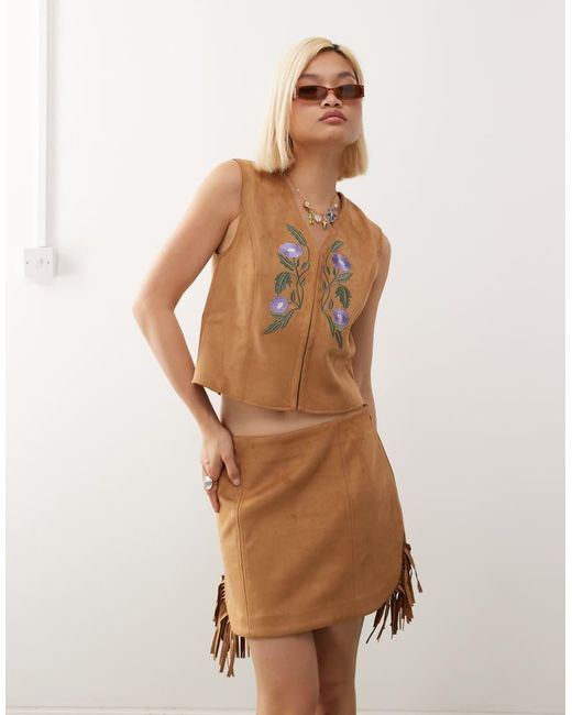 Reclaimed Vintage Natural Faux Suede Festival Mini Skirt With Fringing