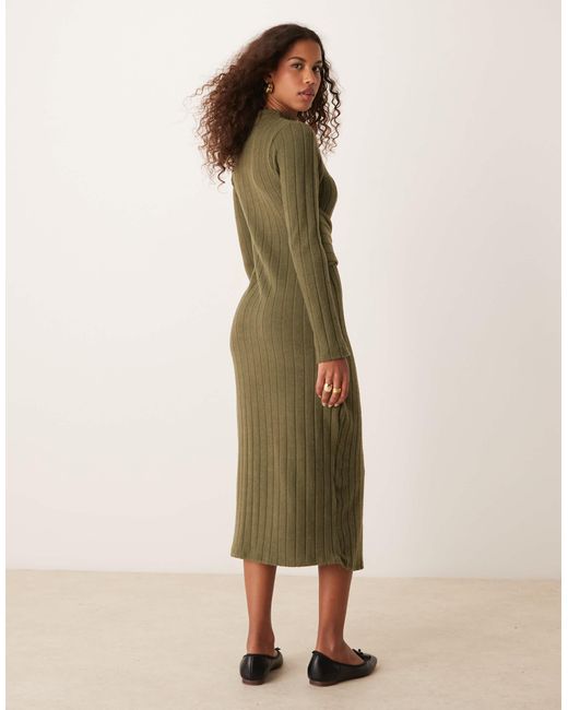 ASOS Natural Chunky Fluffy Ribbed Midi Dress With Wrap Waist