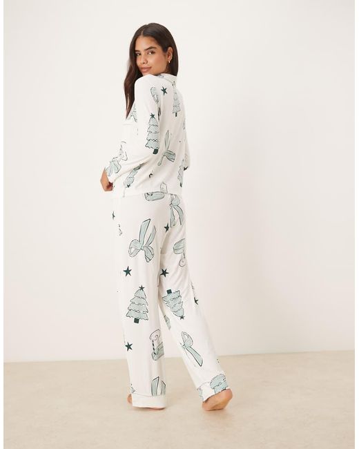 ASOS Natural Super Soft Long Sleeve Shirt & Pants Pajama Set With Contrast Piping