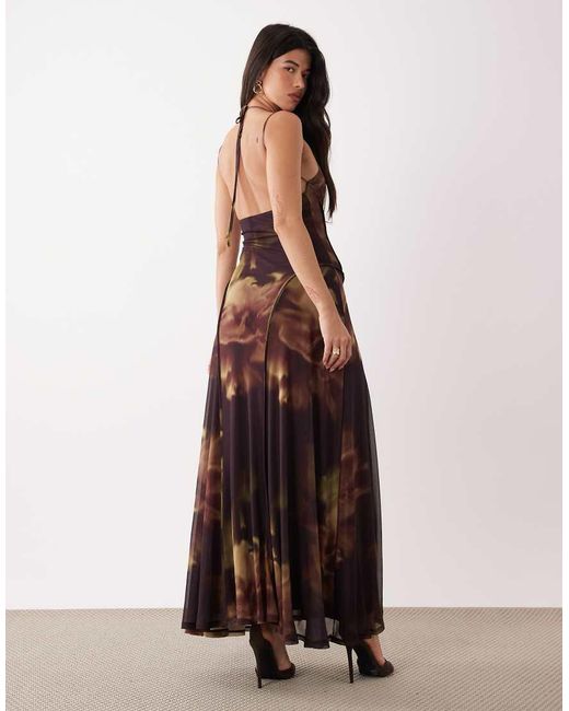 ASOS Brown Printed Mesh Maxi Dress With Exposed Seam Detail