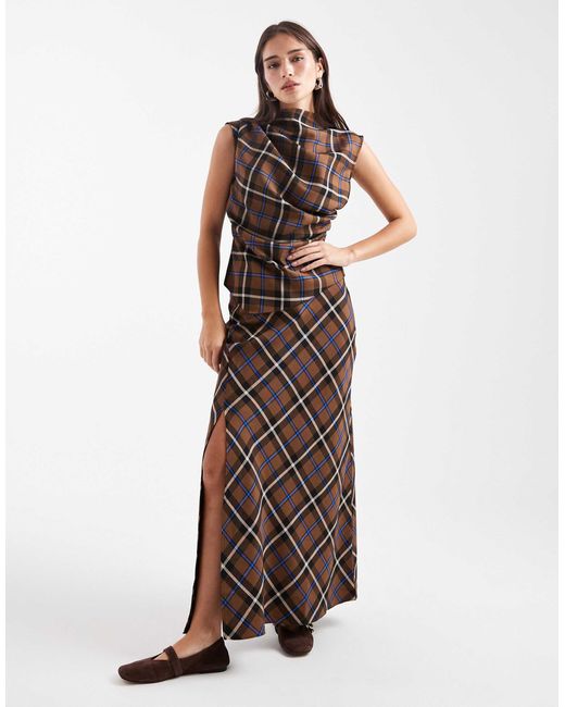 Top sans manches d'ensemble froncé à col montant et carreaux - marron ASOS en coloris Black