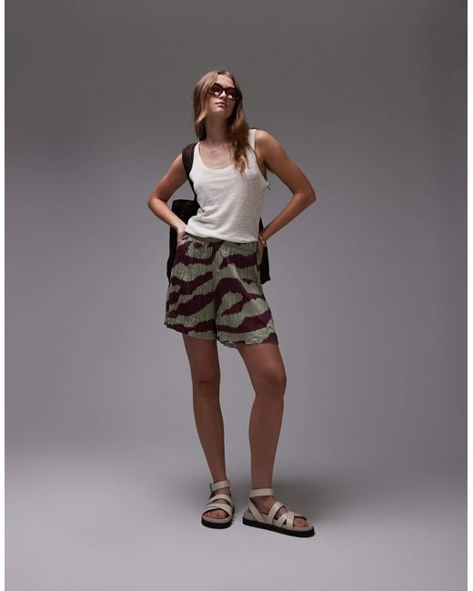 TOPSHOP Gray Crinkle Zebra Print Wide Leg Shorts