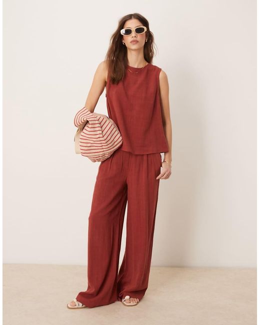 ASOS Red Linen Pleat Front Wide Leg Trousers Co-ord