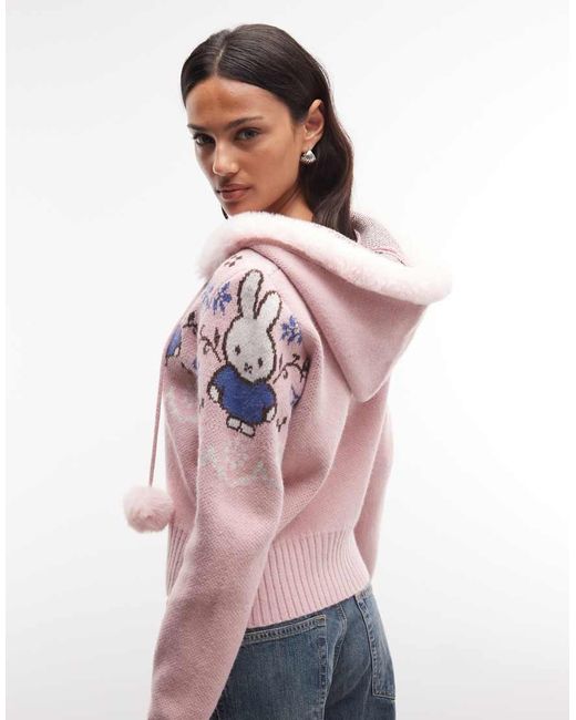 Daisy Street Pink X Miffy Faux Fur Zip-up Cardigan With Pom-poms