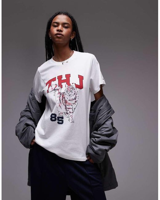 T-Shirt Bianca Oversize Con Grafica Con Gatto di Tommy Hilfiger in Gray