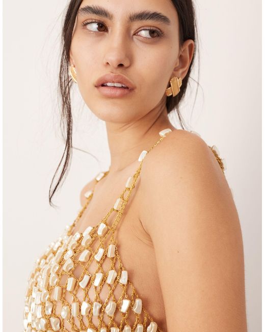 ASOS Natural Embellished Pearl And Chain Sleeveless Crop Top