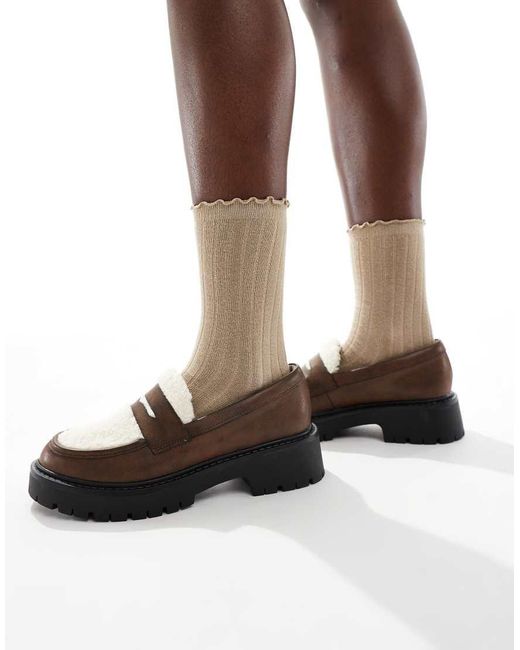 London Rebel Brown Olivia Contrast Teddy Fur Chunky Loafers