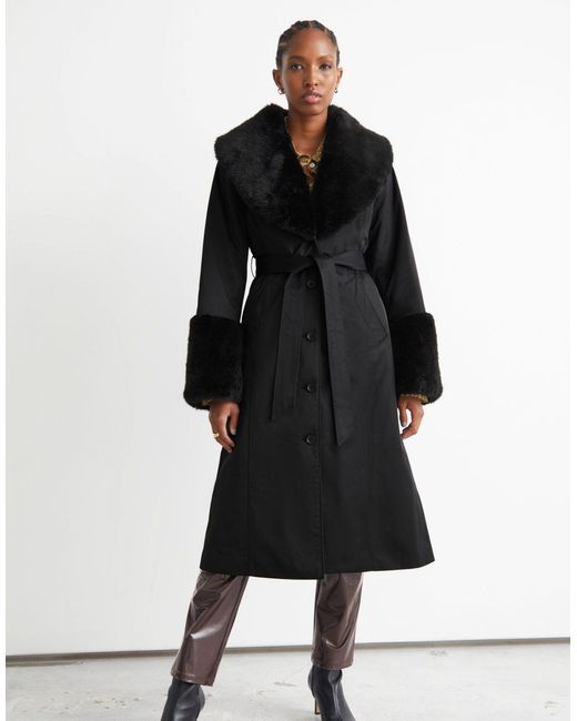 & Other Stories Black Contrast Faux Fur Belted Coat