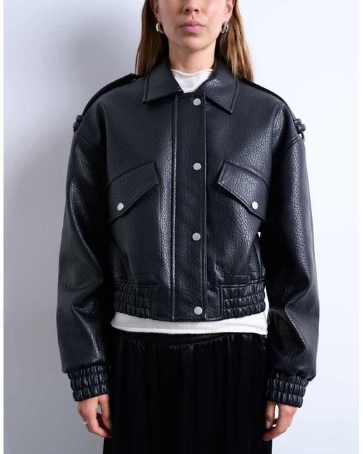 TOPSHOP Blue Faux Bubble Leather 80s Bomber Jacket