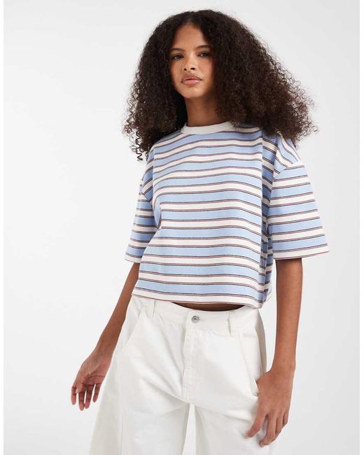 ASOS Contrast Neck Boxy Crop Top Light Blue And Chocolate Stripe