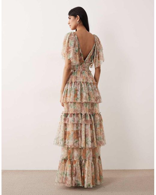 LACE & BEADS Natural Tulle Flutter Sleeve Tiered Maxi Dress