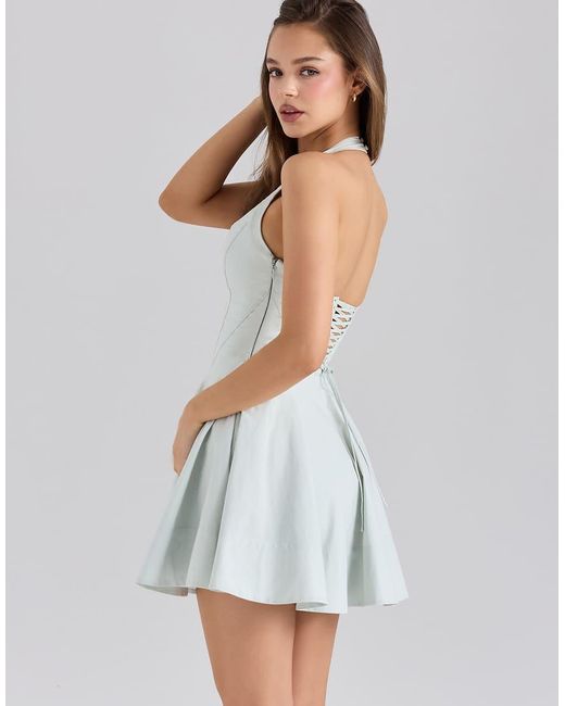 House Of Cb Blue Sasha Stretch Cotton Halter Neck Mini Dress