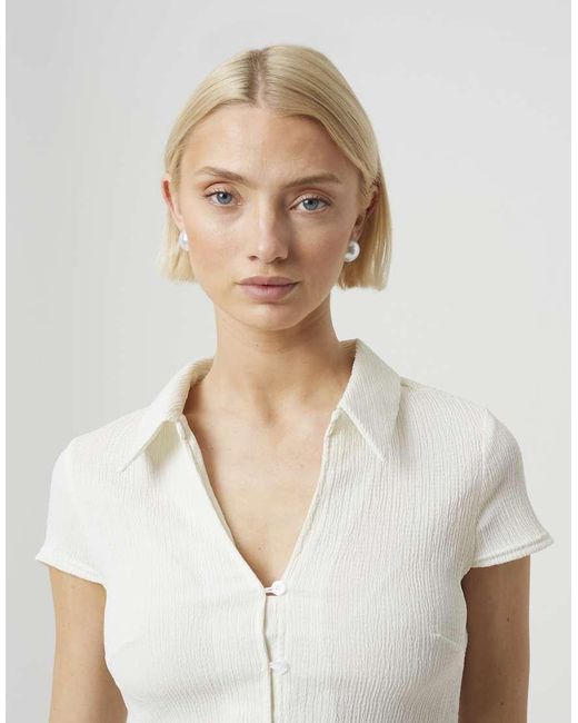 Brave Soul White Textured Jersey Short Sleeve Button Down Top