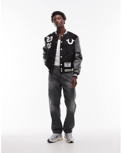 True Religion Black Patch Detail Varsity Bomber Jacket With Faux Leather Sleeves for men