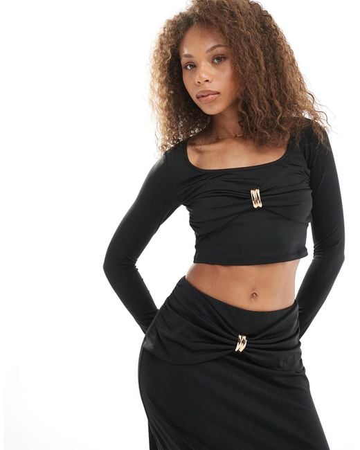 4th & Reckless Black Scoop Neck Gathered Gold Hardware Detail Long Sleeve Crop Top Co-ord
