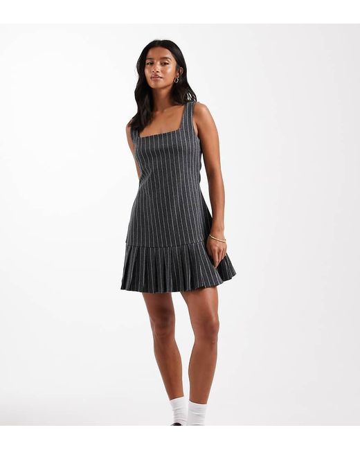 Miss Selfridge Black Pinstripe Pinny Dress With Drop Waist Pleated Hem