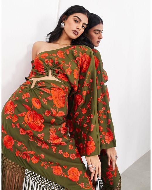 ASOS Green Embroidered Fallen Shoulder Kimono Sleeve Fringe Hem Midi Dress