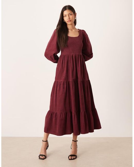 Nobody's Child Ruby Cord Shirred Detail Balloon Sleeve Tiered Midi Dress