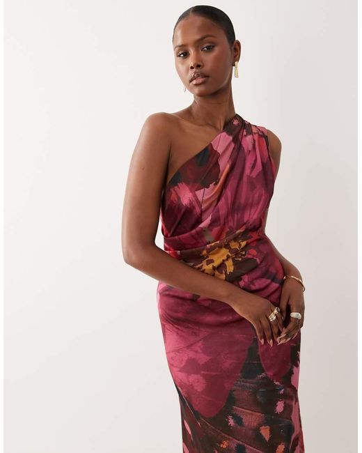 ASOS Red One Shoulder Satin Maxi Dress With Pleat Detail