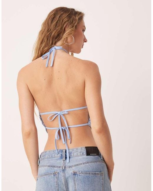 ASOS Blue Halter Neck Sequin Top With Tie Back Detail